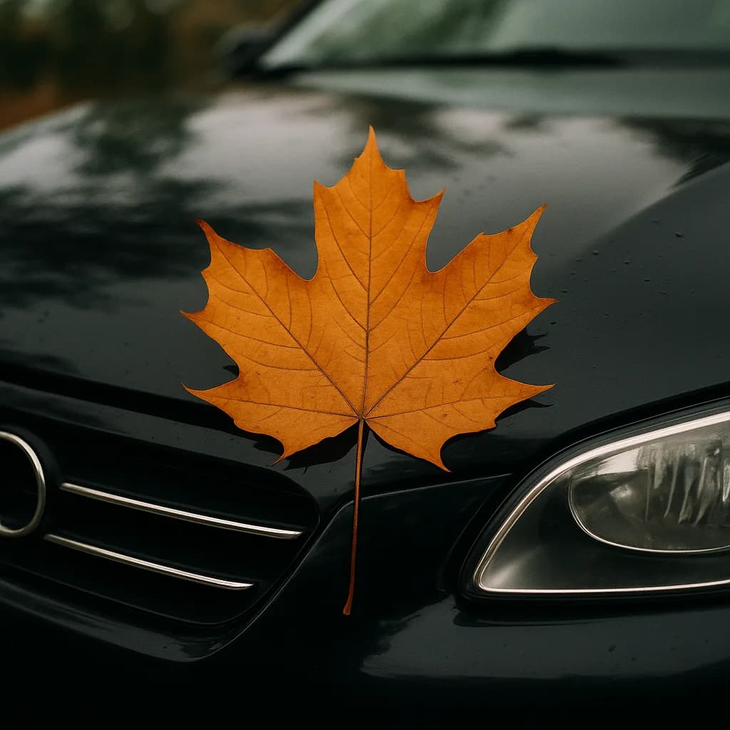 Orange maple leaf on black car hood between headlight and grille